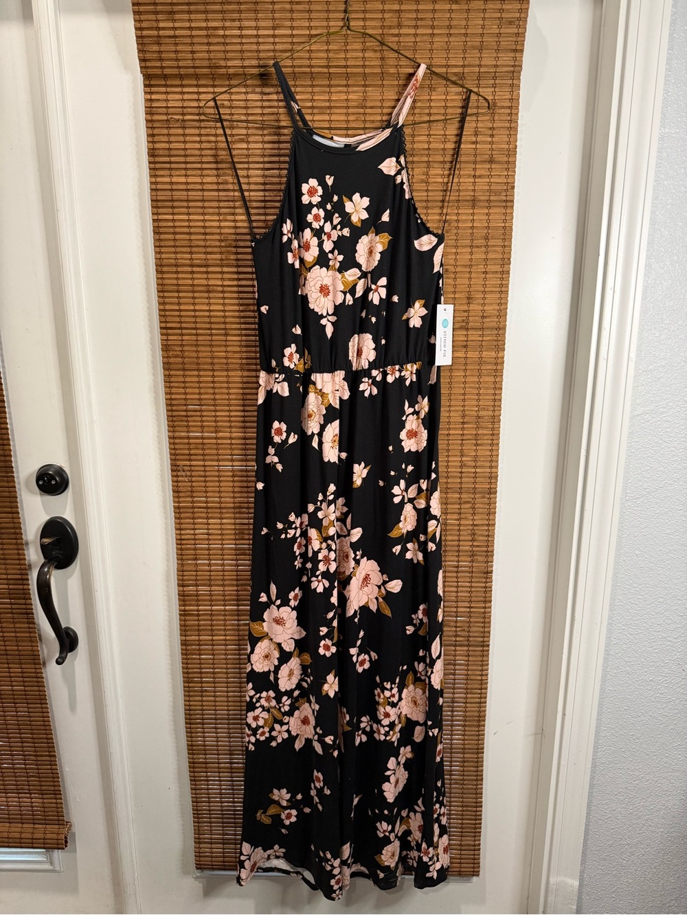 French Grey Black Maxi Dress with Pink Floral Print